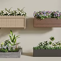 Hanging and Potted Plant Combination with Wooden Boxes Gray Planters and Colorful Blooms