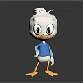 Cute Cartoon Duck Character With White Head Yellow Beak Blue Shirt Standing On Gray Background