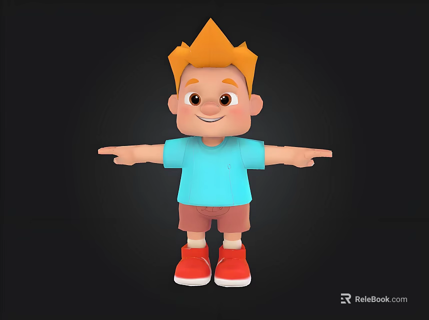 3D Cartoon Boy Orange Hair Blue T-shirt Brown Shorts Red Shoes Outstretched Arms Black Background 3d model 