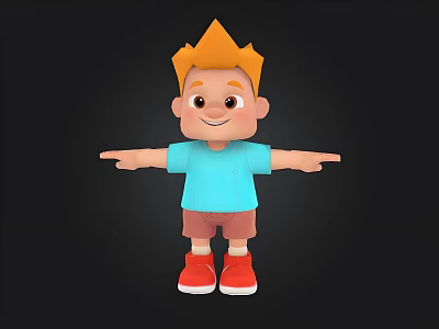 3D Cartoon Boy Orange Hair Blue T-shirt Brown Shorts Red Shoes Outstretched Arms Black Background 3d model