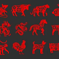 Red Chinese Zodiac Animal Paintings With Decorative Patterns In Paper Cut Art