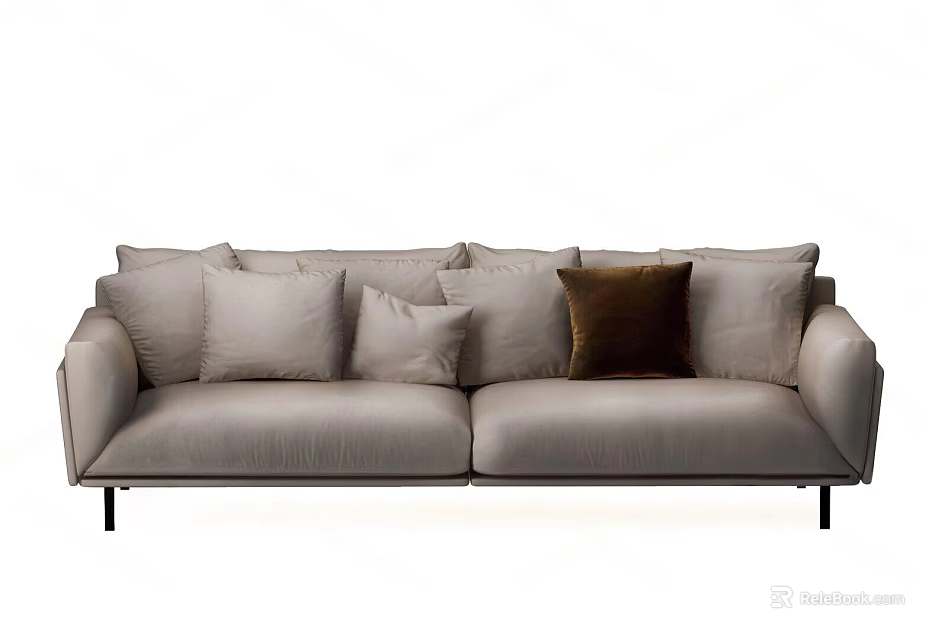 Modern Beige Fabric Two Seater Sofa With Multiple Pillows And Brown Cushion 3d model 