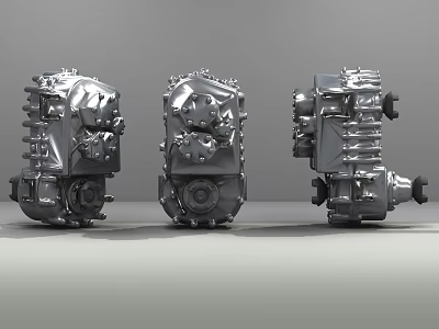 Three Silver Mechanical Engines With Metal Texture Displayed From Different Angles 3d model