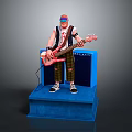 3D Musician Figure Wearing Colorful Glasses Holding Electric Bass With Blue Amplifier And Platform