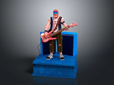 3D Musician Figure Wearing Colorful Glasses Holding Electric Bass With Blue Amplifier And Platform 3d model