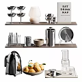 Decorative Ornaments Set With Metal Cups White Ornament Books and Fruits on Wooden Shelves