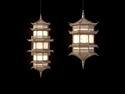 Traditional Pagoda Style Multi Layered White Chandeliers Hanging On Black Background 3d model