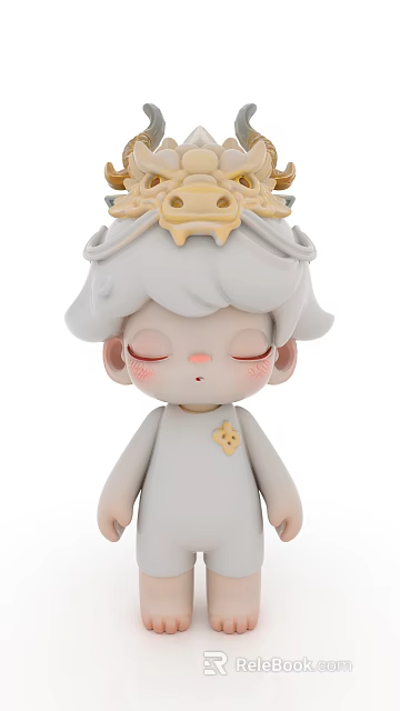 Cute Doll with Gray Hair Yellow Crown Closed Eyes Blush Cheeks White Outfit Yellow Star 3d model 