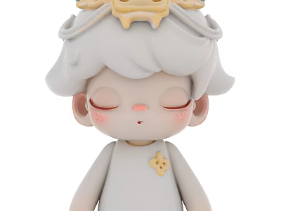 Cute Doll with Gray Hair Yellow Crown Closed Eyes Blush Cheeks White Outfit Yellow Star 3d model