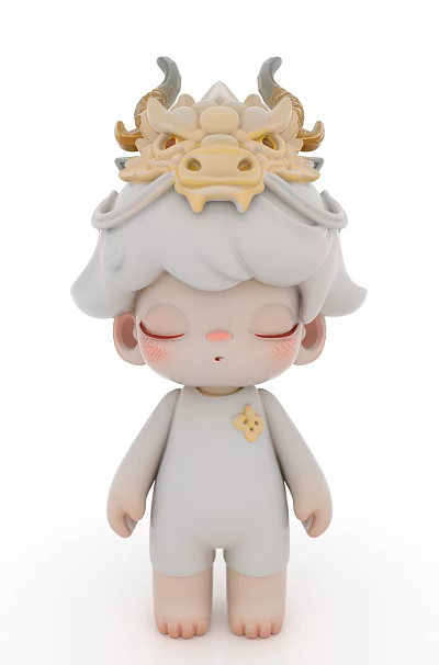 Cute Doll with Gray Hair Yellow Crown Closed Eyes Blush Cheeks White Outfit Yellow Star 3d model