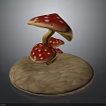 Vibrant Red Mushroom Caps with White Spots and Yellow Stems on Wooden Base
