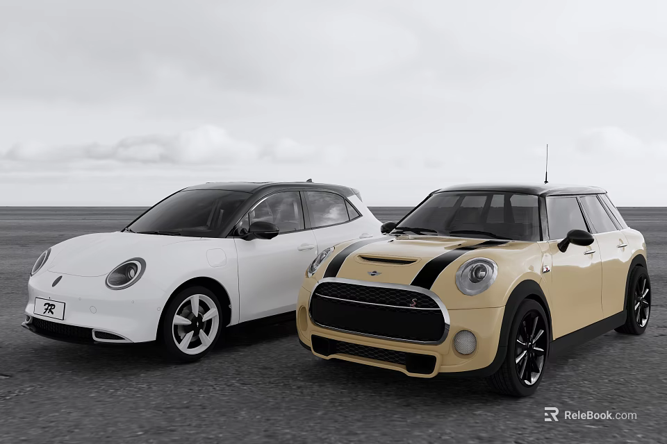 White and Beige Modern Compact Cars Parked on Road Outdoor Scene 3d model 