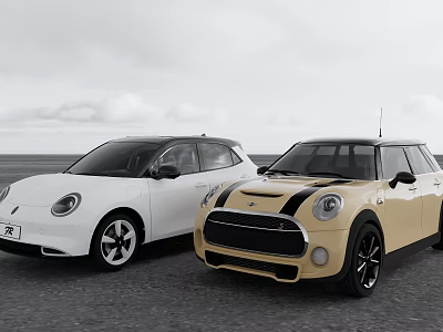 White and Beige Modern Compact Cars Parked on Road Outdoor Scene 3d model