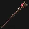 Elegant Enchanted Staff With Red Top Golden Decorations Chain Brown Shaft And Colored Accents