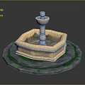 Light Colored Stone Fountain With Multi Tiered Structure Hexagonal Base And Green Circular Trim