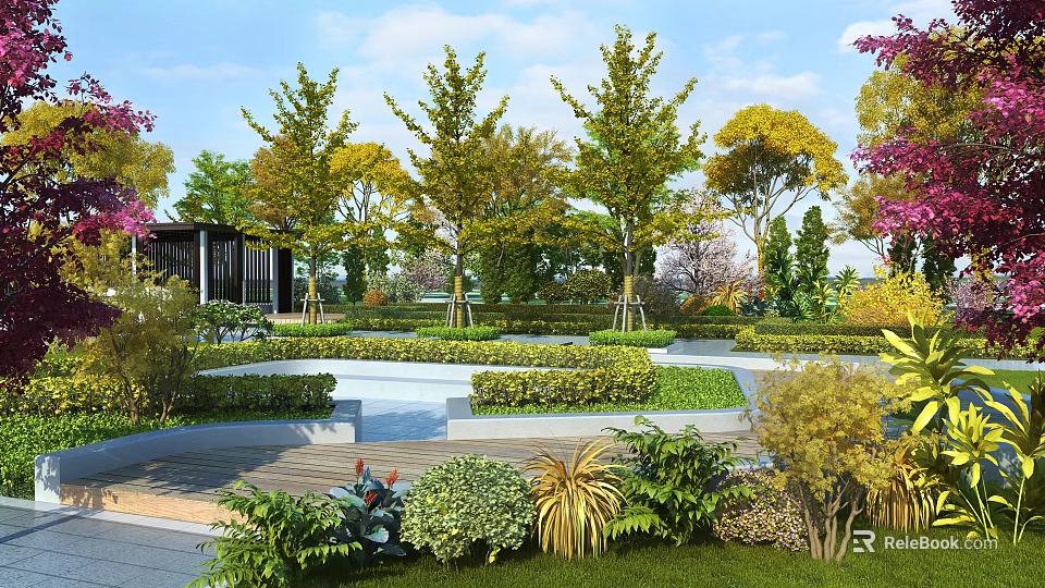 Beautiful Garden Landscape Design With Lush Trees Green Plants And Pathway 3d model 