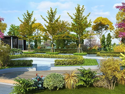 Beautiful Garden Landscape Design With Lush Trees Green Plants And Pathway 3d model