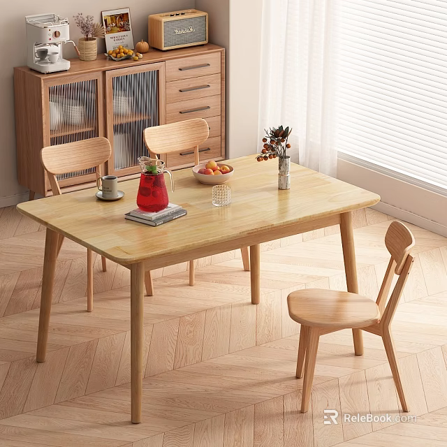 Wooden Dining Table Set with Matching Chairs Fresh Fruit Bowl Drink Pitcher and Flower Vase 3d model 