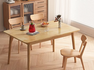 Wooden Dining Table Set with Matching Chairs Fresh Fruit Bowl Drink Pitcher and Flower Vase 3d model