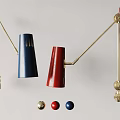 Contemporary Wall Lamps With Blue Red Conical Shades Adjustable Brass Arms And Decorative Balls