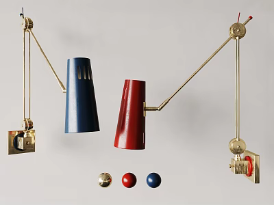 Contemporary Wall Lamps With Blue Red Conical Shades Adjustable Brass Arms And Decorative Balls 3d model