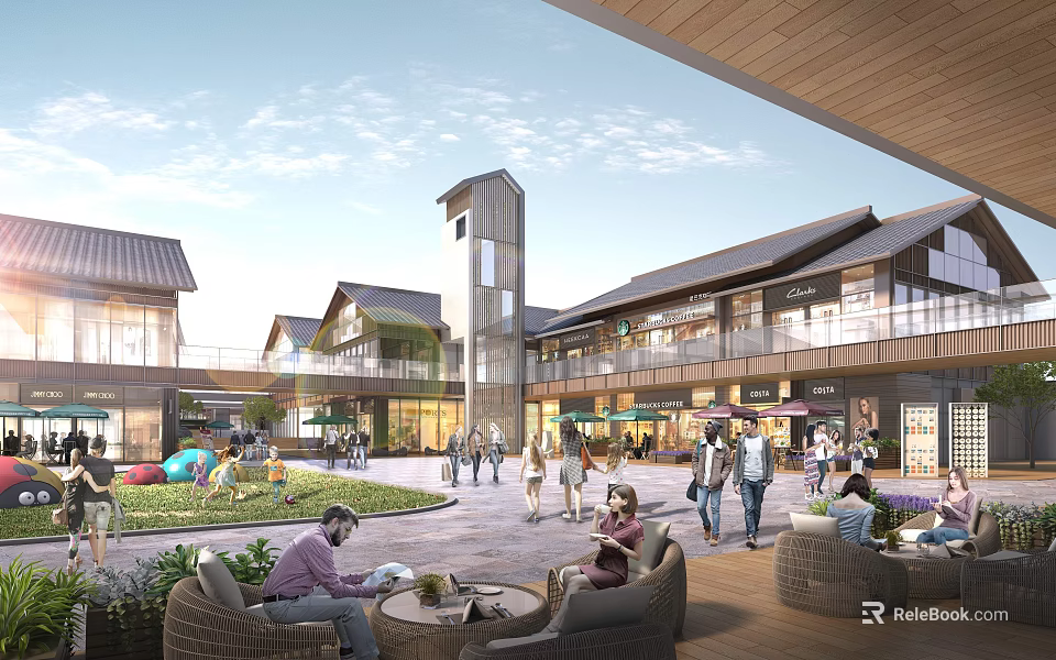 Traditional Commercial Street With Traditional Buildings Tall Tower And People Relaxing In Outdoor Plaza 3d model 