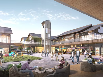Traditional Commercial Street With Traditional Buildings Tall Tower And People Relaxing In Outdoor Plaza 3d model