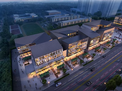 Modern Commercial Complex Night View With Illuminated Streets And Buildings 3d model