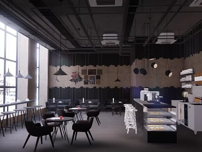 Modern Industrial Café Interior With Large Windows Black Tables Chairs Hanging Lamps Display Case 3d model