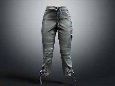 Fashionable Gray Cargo Pants Featuring Distressed Details Drawstring Waist And Tied Cuffs 3d model
