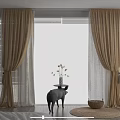 Gold Sheer Curtains In Bedroom With Natural Forest View And Wooden Blinds