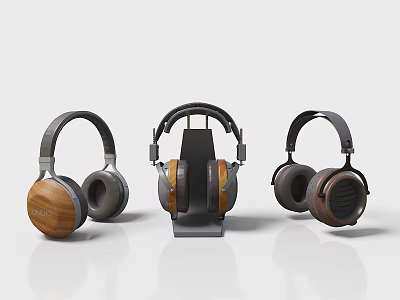 Three Modern Over Ear Headphones With Wooden Ear Cups And Sleek Design 3d model