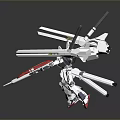 White Mecha Robot Character With Red Blue Accents Swords And Cannons Battle Stance
