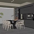 Modern Restaurant Interior With Dark Cabinets White Chairs Dining Table And Wine Rack 3d model