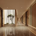 Elegant Elevator Hallway Design With Waterfall Feature Small Tree Marble Flooring And Warm Lighting 3d model