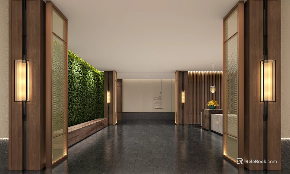 Modern Hotel Lobby Featuring Green Living Wall Wooden Decor And Spacious Interior Design 3d model 