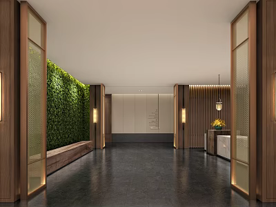 Modern Hotel Lobby Featuring Green Living Wall Wooden Decor And Spacious Interior Design 3d model