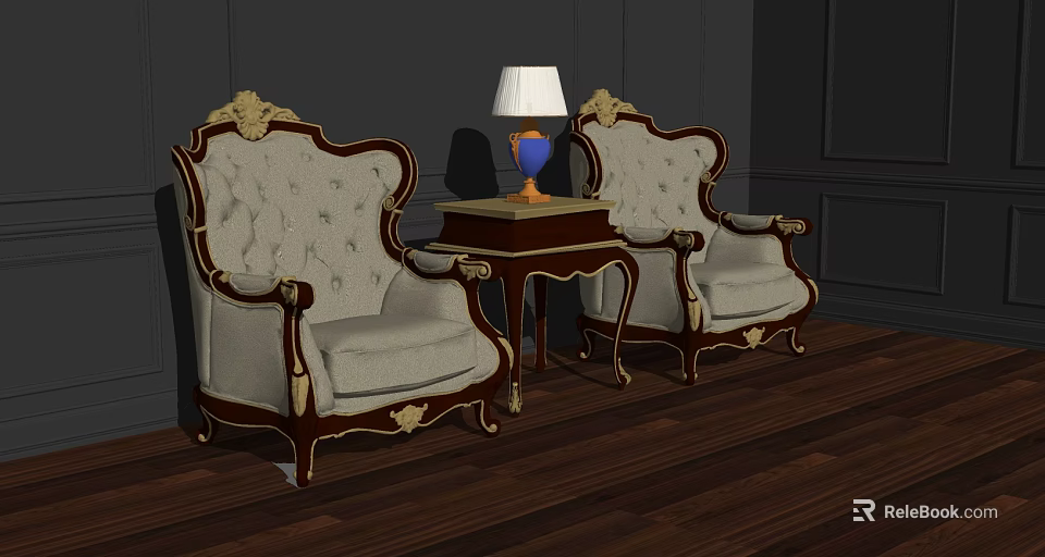 Classical Leisure Sofa Set With Light Upholstery Carved Wood Frames And Side Table With Lamp 3d model 