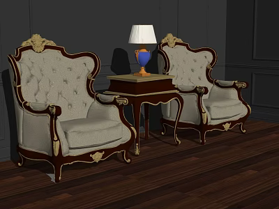 Classical Leisure Sofa Set With Light Upholstery Carved Wood Frames And Side Table With Lamp 3d model