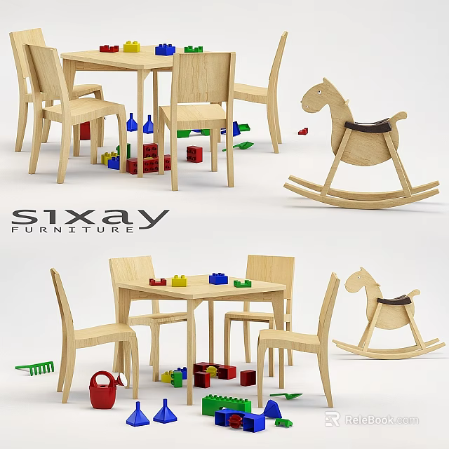 Wooden Table And Chairs Set With Rocking Horse And Building Blocks 3d model 