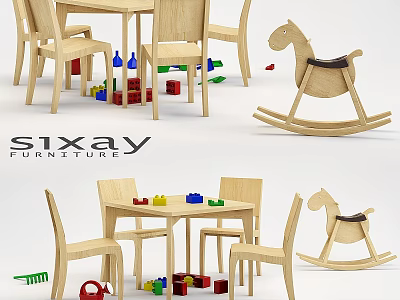 Wooden Table And Chairs Set With Rocking Horse And Building Blocks 3d model