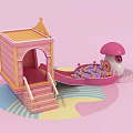 Pink Children Play Structure With Wooden Steps Slide And Mushroom Shaped Ball Pit