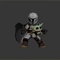 Game Movie Character Silver Armored Helmeted With Black Cape Holding Green Baby In Dynamic Stance
