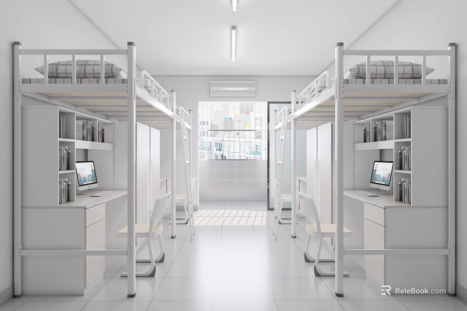 Bright Modern Student Dormitory With Bunk Beds Study Desks Laptops White Cabinets And Natural Light 3d model