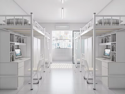Bright Modern Student Dormitory With Bunk Beds Study Desks Laptops White Cabinets And Natural Light 3d model