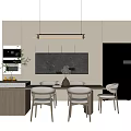 Modern Dining Table Set With Beige Chairs Hanging Pendant Lights And Marble Backsplash 3d model