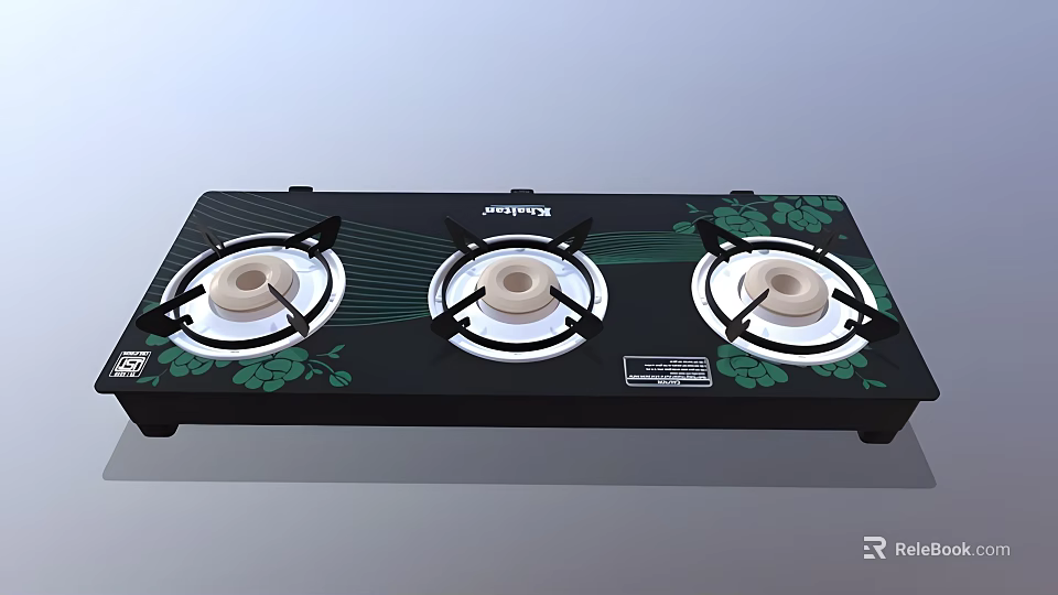 Kitchen Gas Stove With Three Burners Black Surface And Green Floral Pattern 3d model 