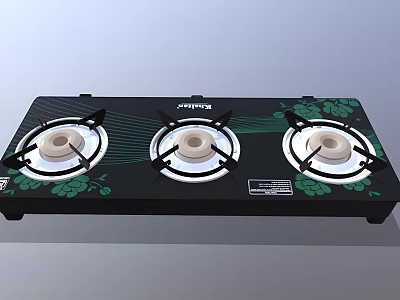 Kitchen Gas Stove With Three Burners Black Surface And Green Floral Pattern 3d model