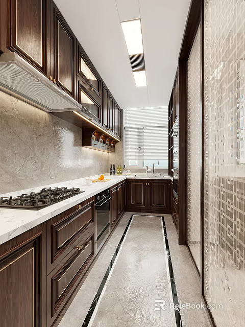 Modern Dark Kitchen Interior With White Marble Countertops Gas Stove Range Hood And Wall Cabinets 3d model 