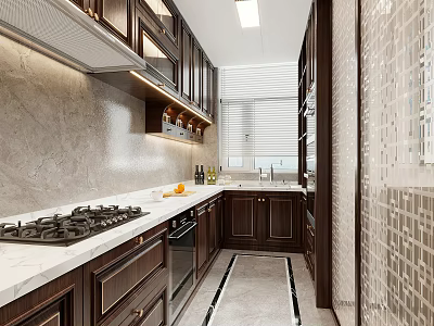 Modern Dark Kitchen Interior With White Marble Countertops Gas Stove Range Hood And Wall Cabinets 3d model